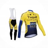2014 Abbigliamento Ciclismo Tinkoff Saxo Bank Blu Giallo Manica Lunga e Salopette