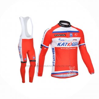2013 Abbigliamento Ciclismo Katusha Bianco Rosso Manica Lunga e Salopette