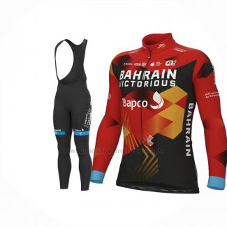 2023 Abbigliamento Ciclismo Bahrain Victorious Rosso Nero Manica Lunga e Salopette