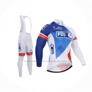 2015 Abbigliamento Ciclismo FDJ Bianco Blu Manica Lunga e Salopette